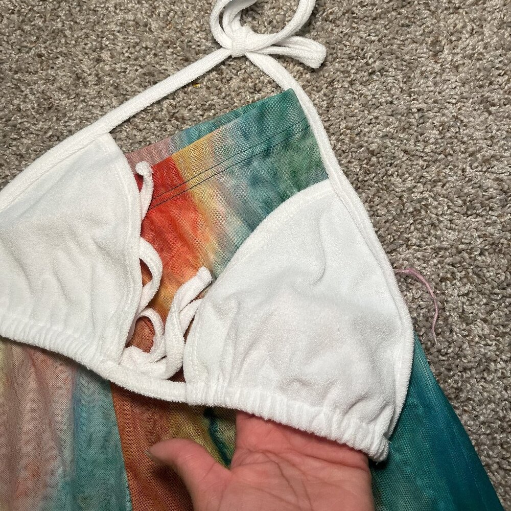 White Terry Cloth Bikini Top (L) and Colorful Mesh Pants (M) set